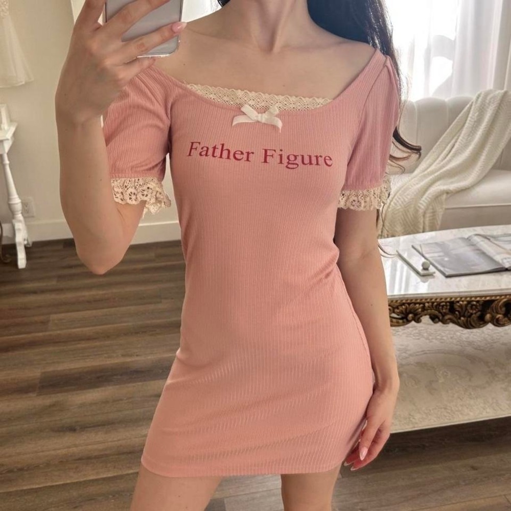 PRAYING L Pink Ribbed Puff Sleeve Father Figure Mini Dress